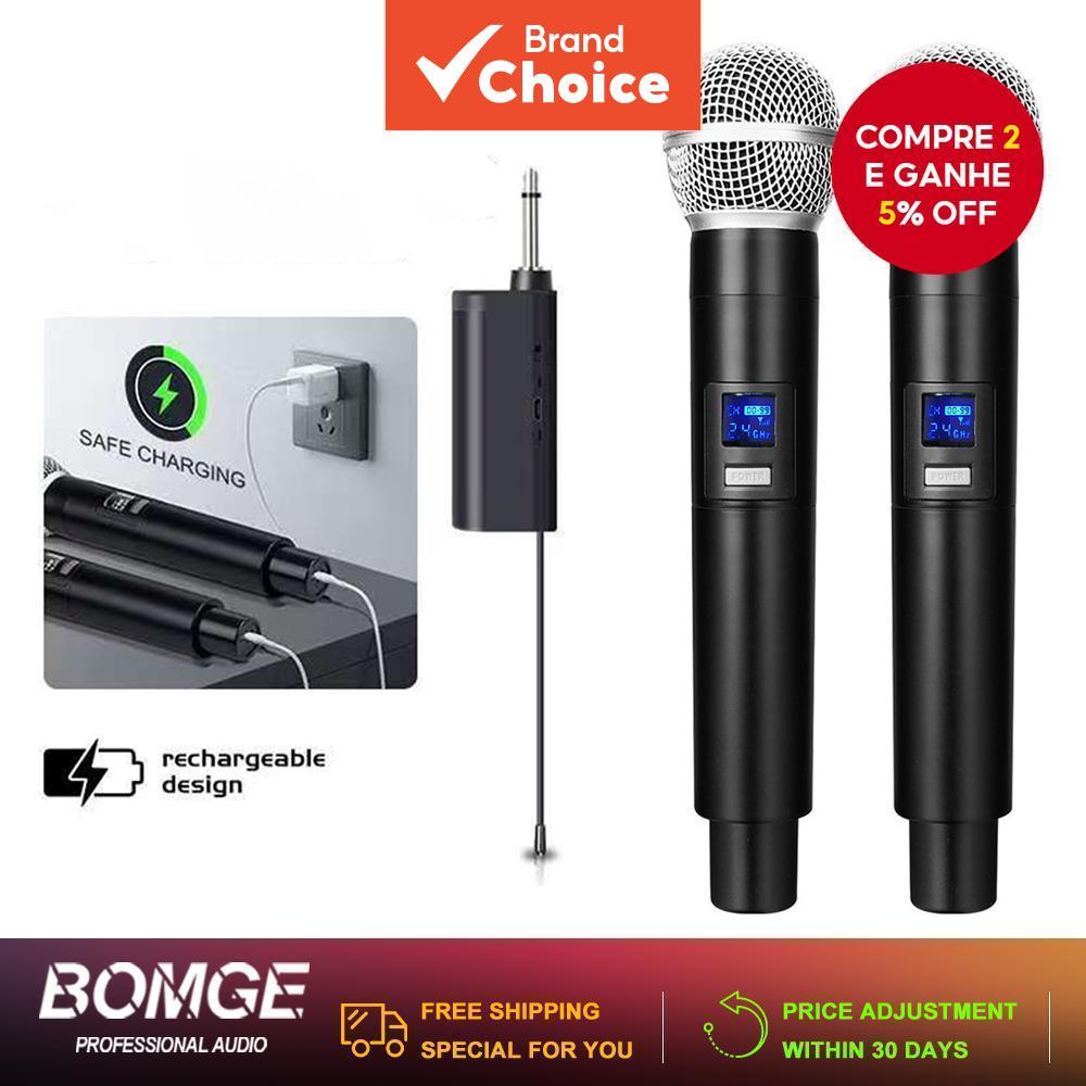  BOMGE Microfone Sem Fio UHF Profissional 2 Canais Microfone de Mão para Karaokê em Festas