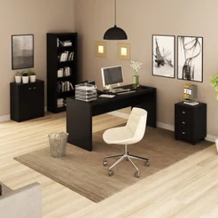 Conjunto 4 Peças com 1 Mesa 1 Balcão 1 Estante 1 Gaveteiro Espresso Móveis Preto Preto