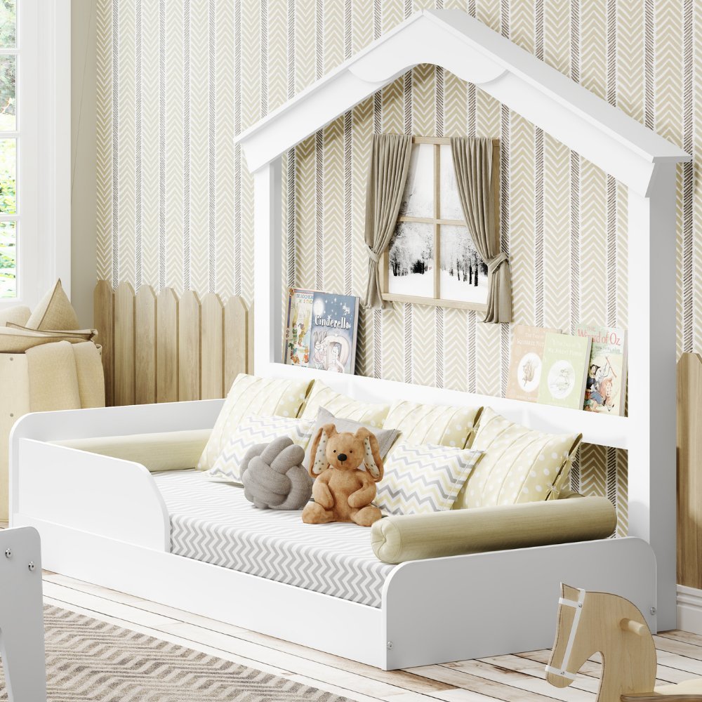 Cama Montessoriana Infantil Montessoriana Casinha Porta Livros Branco