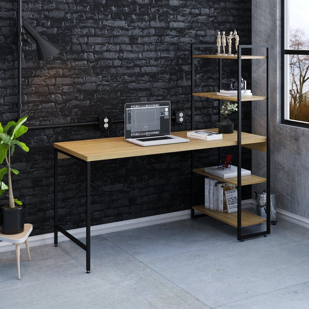 Escrivaninha Mesa Escritório com Estante Estilo Active 4 Prateleiras 150cm Industrial Yescasa Lâmina Mel Marrom