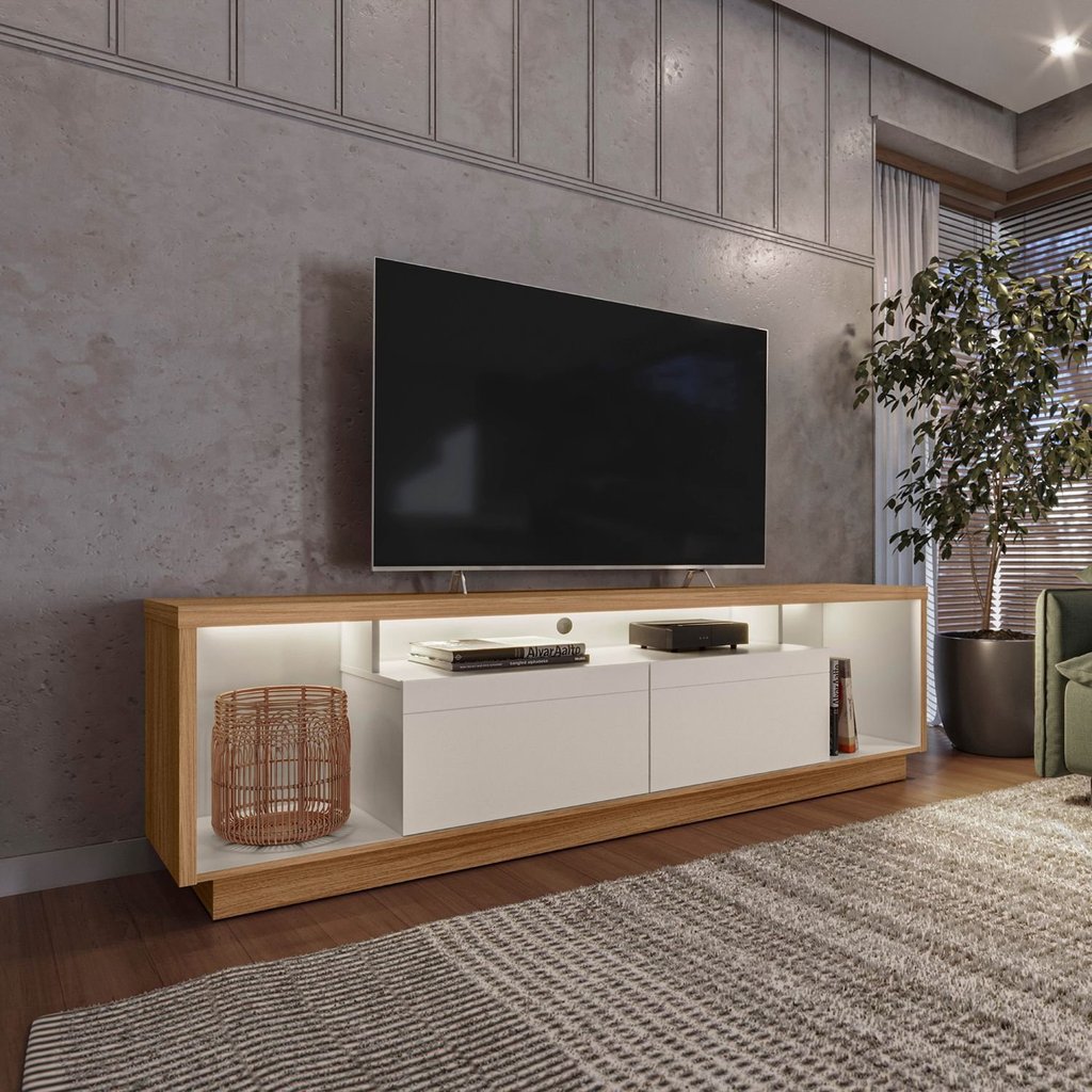Rack para TV até 75 Polegadas com LED MDF 181cm 2 Portas Fita Cronos CabeCasa MadeiraOriginals Off White 181