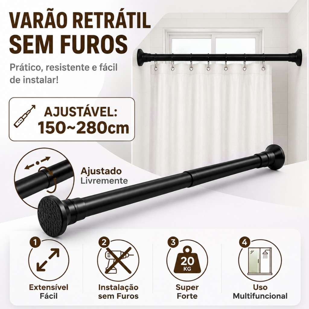 Varão De Cortina Extensível Multiuso Suporta 45 KG Ajustável Retrátil Sem Furos Armários Banheiro