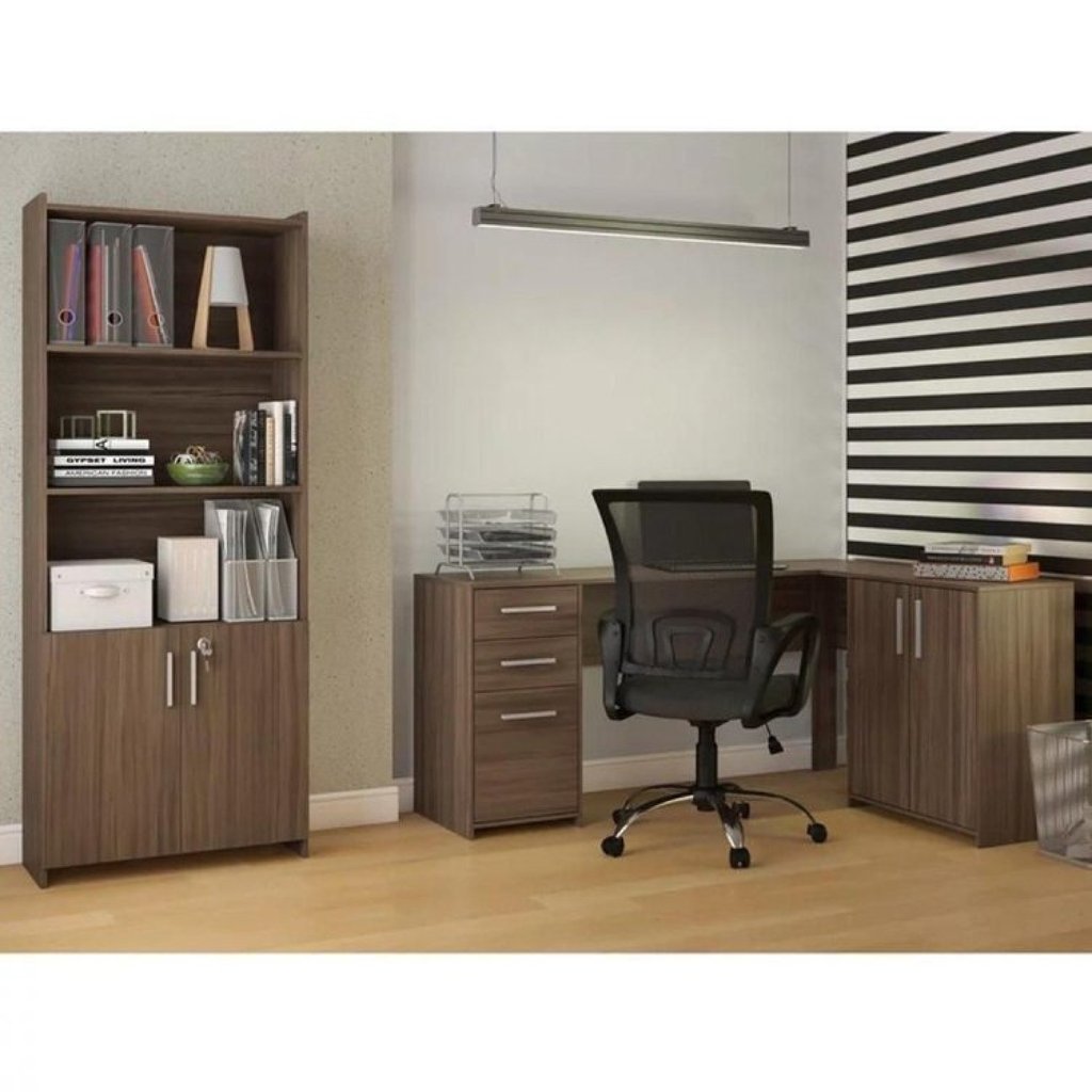 Conjunto 2 Peças com Mesa para Escritório em L e Armário Multiuso Alto Aberto Espresso Móveis Nogal Trend Marrom