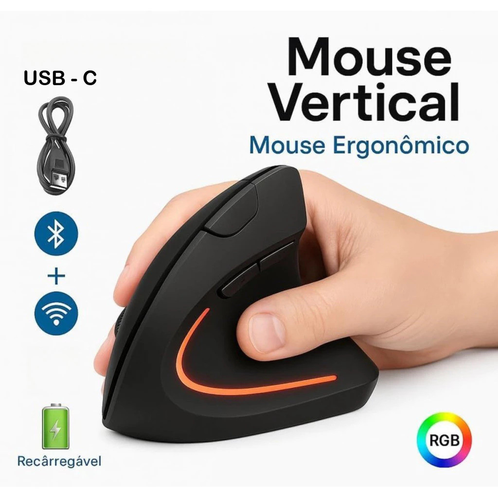 Mouse Vertical Sem Fio Ergonômico Silencioso DPI 1600 Recarregável USB 2.4G LOJA