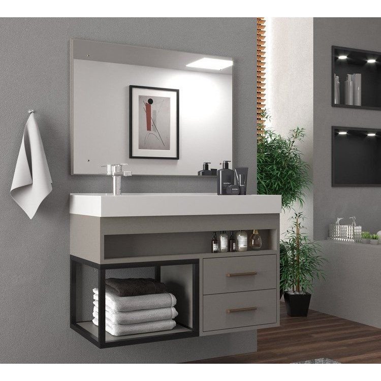 Conjunto Gabinete para Banheiro com Espelheira New 80 Cimento/Cimento Cimento