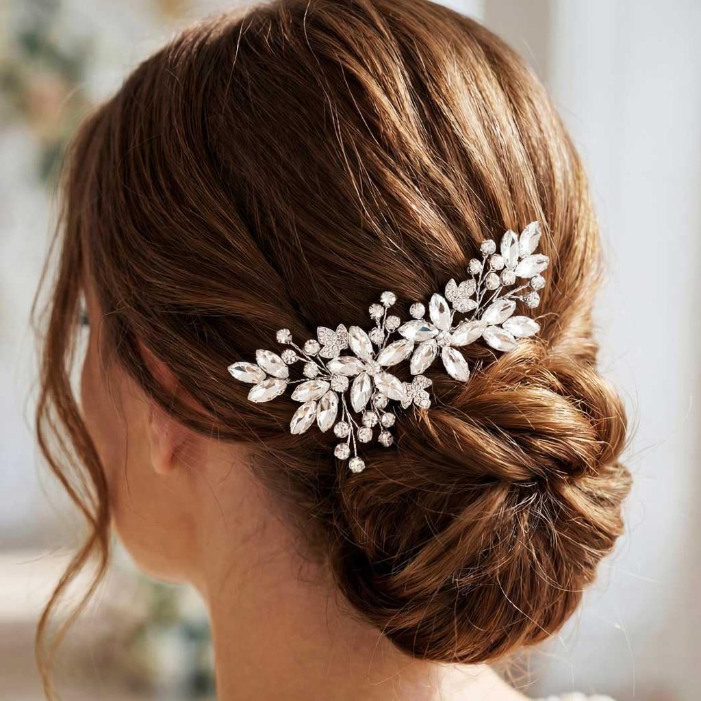 Pente de Cabelo para Casamento GORAIS com Strass, Acessórios de Cabelo Prateados para Noivas, Presilha de Cabelo de Cris