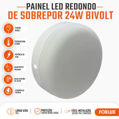 Painel LED Plafon Redondo Sobrepor Foxlux 24W 6500K Branco Frio