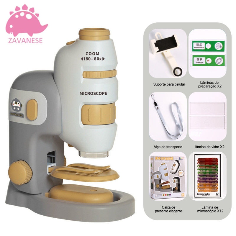 Microscópio Infantil 2 em 1 Portátil - Design Clássico de Mesa com Toque Removível para Microscópio de Bolso