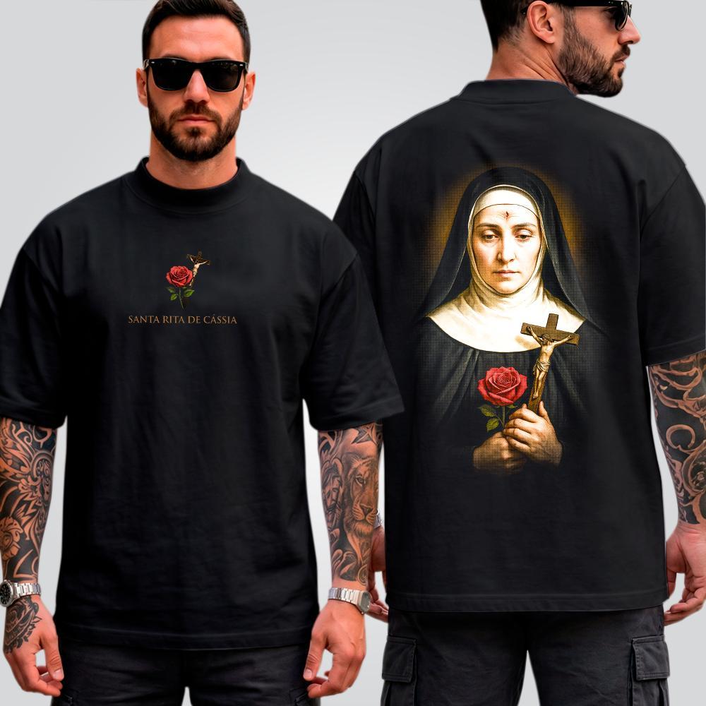 Camiseta Masculina Oversized Suedine Estampada Santa Rita de Cassia Streetwear Halftone Cristã