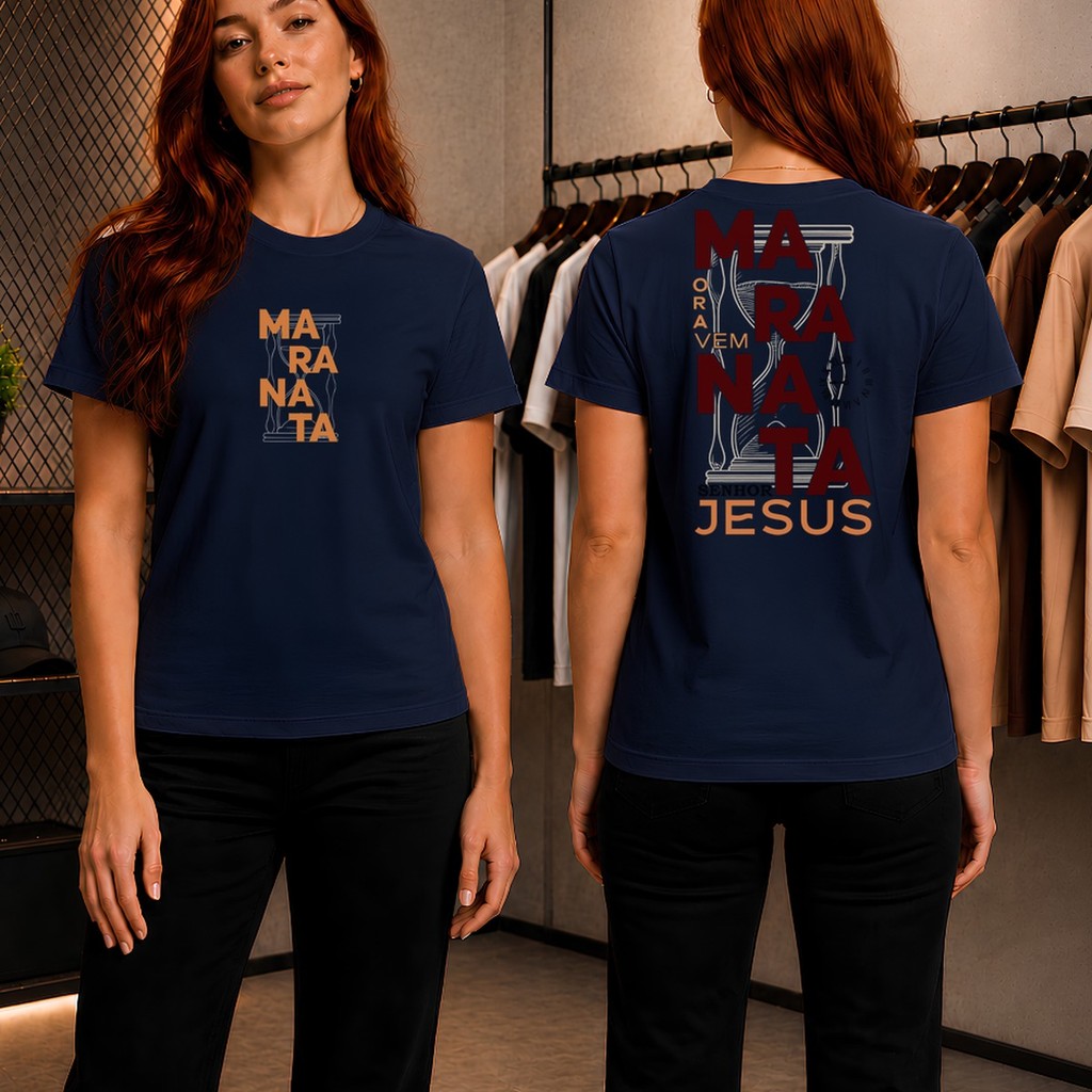 Camiseta Feminina 100% Algodão Estampa Fé Maranata Oração Gola Redonda Fio 30.1 Básica Cristã Confortável
