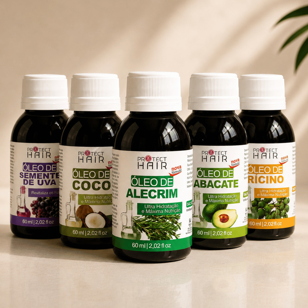 Kit 5 Óleos Vegetais Capilar Protect Hair – Alecrim, Rícino, Coco, Uva e Abacate