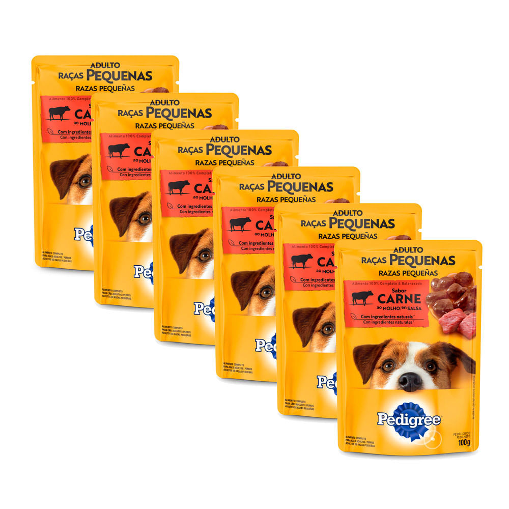 Kit 6 Ração Úmida para Cachorro Pedigree Adulto Raças Pequenas Sabor Carne ao Molho em Sachê 100g