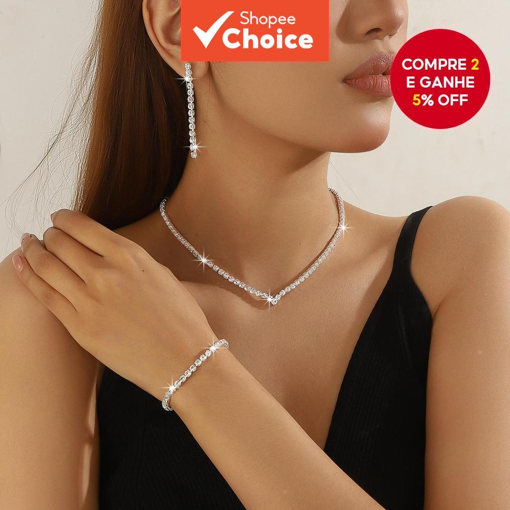 Conjunto De Pulseira De Brinco De Colar De Diamante Completo De Três Peças Joias Gargantilha De Noiva