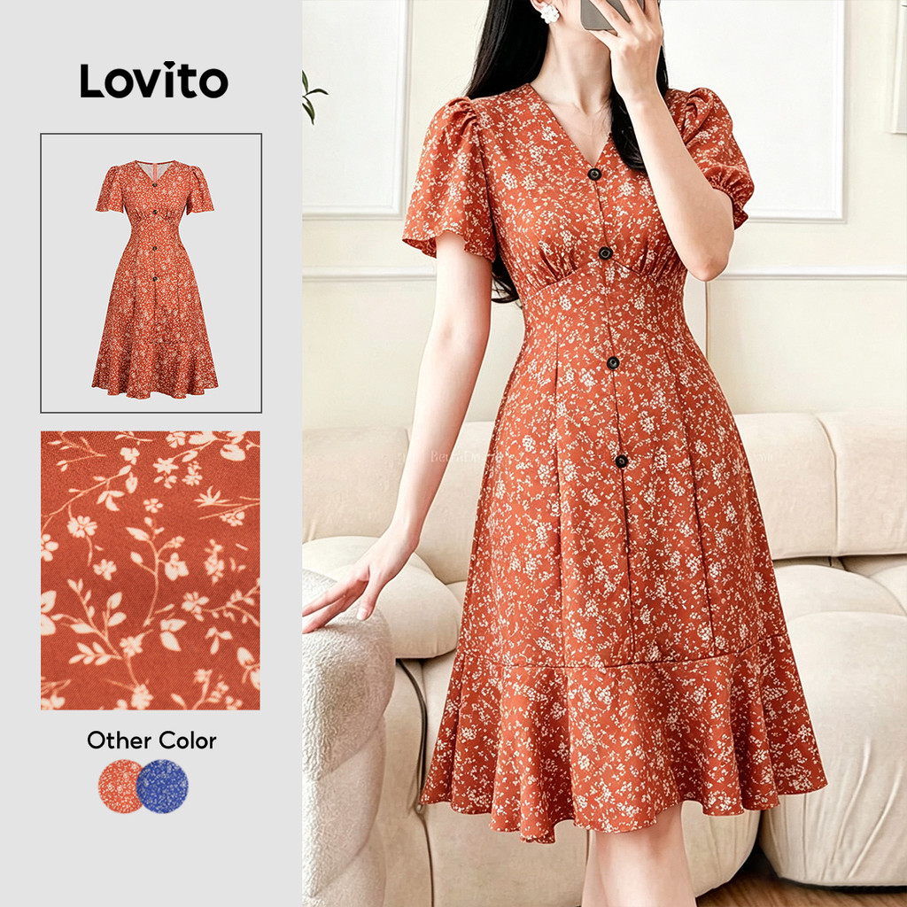 Lovito Férias Vestido Delicado Floral Estrutura Primavera/verão para Mulheres L1