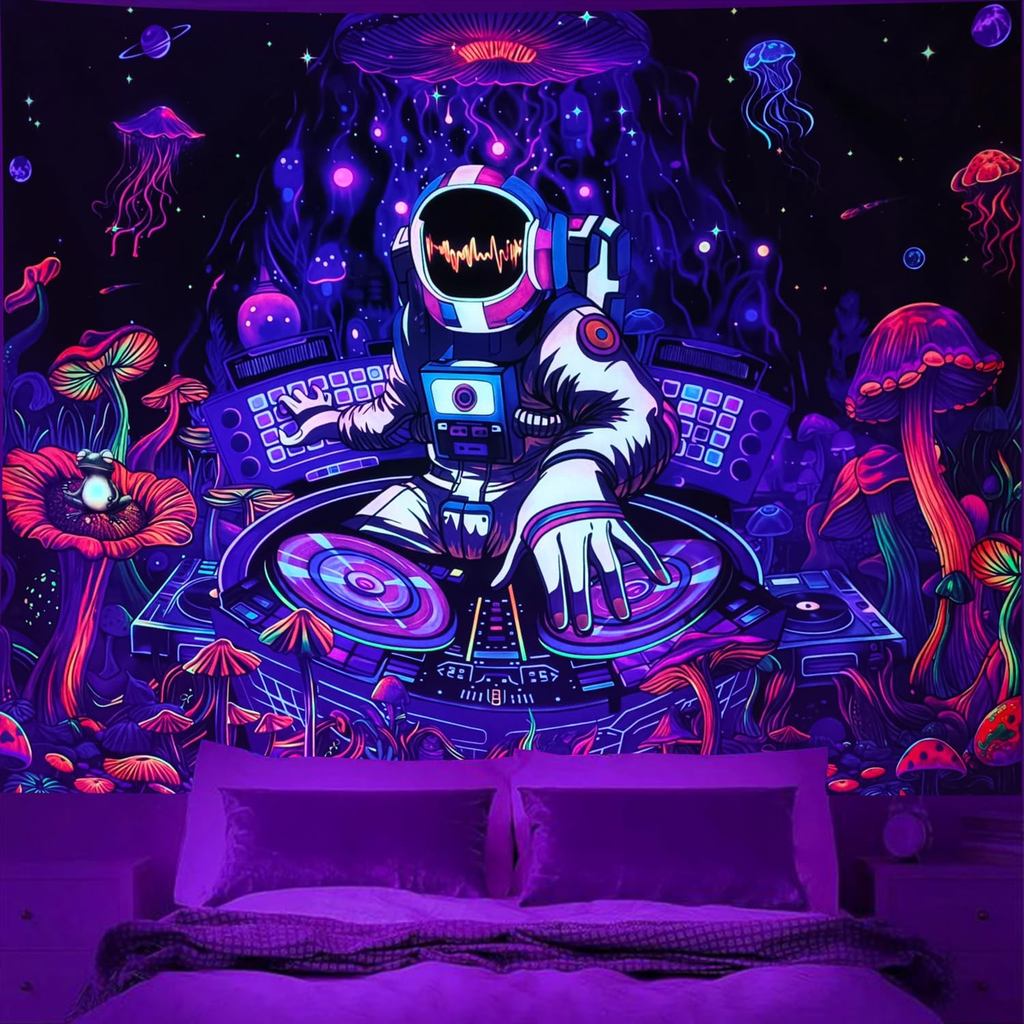 Tapeçaria de Astronauta com Luz Negra que Brilha no Escuro, Tapeçaria Engraçada de DJ e Música, Reativa aos Raios UV, co