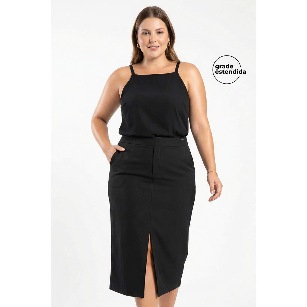 Saia Feminina Midi Com Fenda Moletom Marialícia Preto
