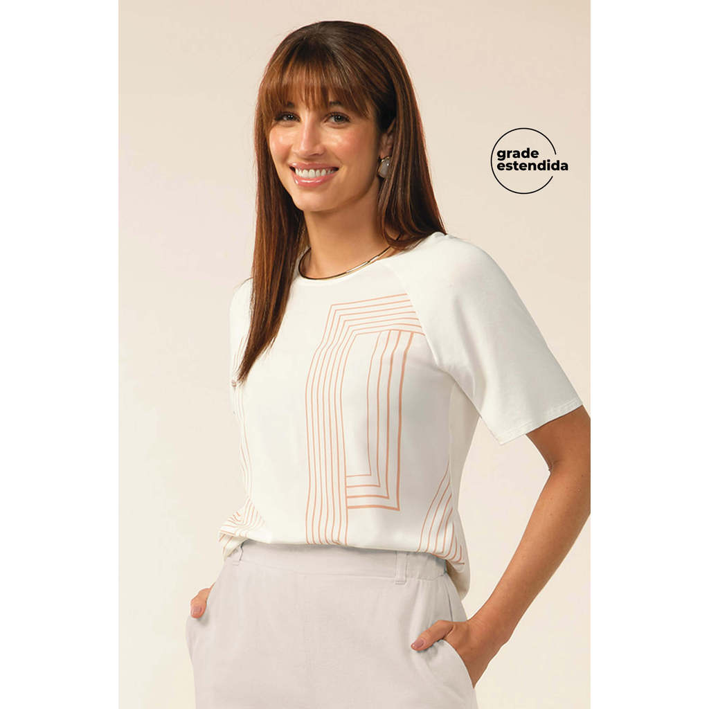 Blusa Feminina Manga Curta Estampada Marialícia Bege