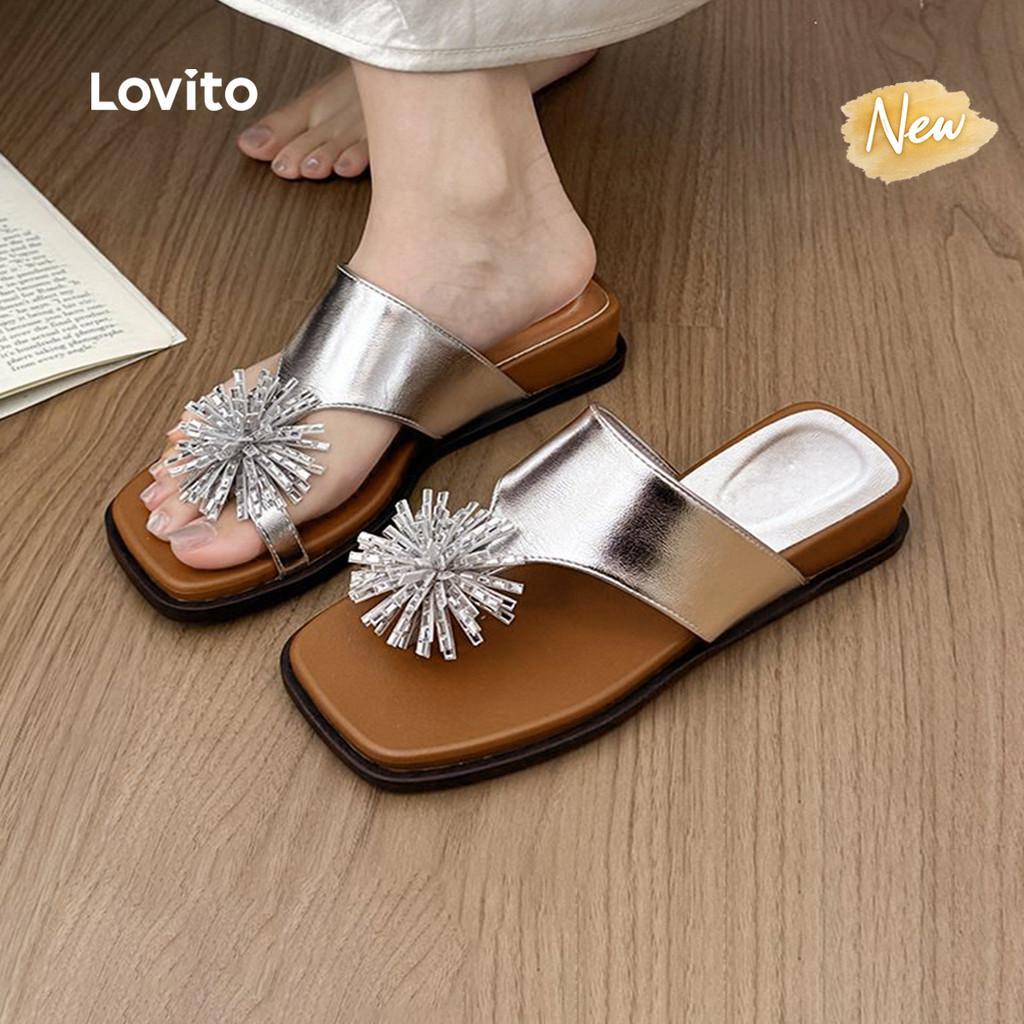 (New Arrival) Lovito Sandálias Rasteiras Casuais Estilo Coreano Com Design De Strass Prateadas Perfeitas Para O Dia a Dia FB121FSFX044