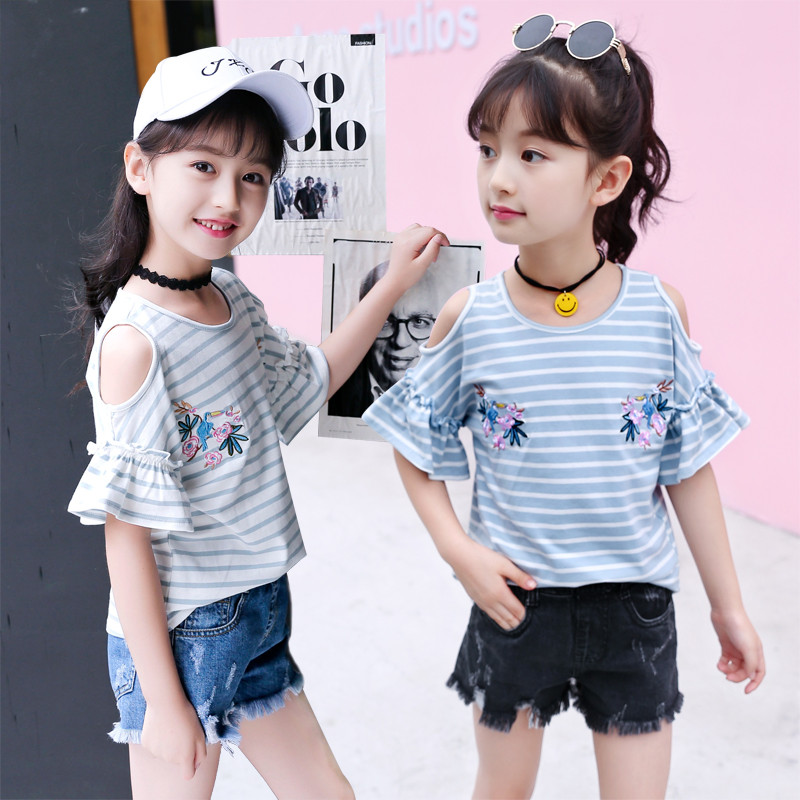 Meninas topos 2026 novo estilo verão listrado queimado manga curta camiseta topos crianças versão coreana bordado sem al