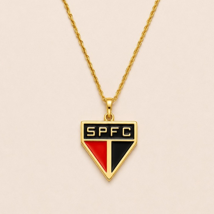 Colar Banhado a Ouro18K Time São Paulo Futebol Clube Dourado SPFC Masculino Feminino Escudo Tricolor Presente Torcedor