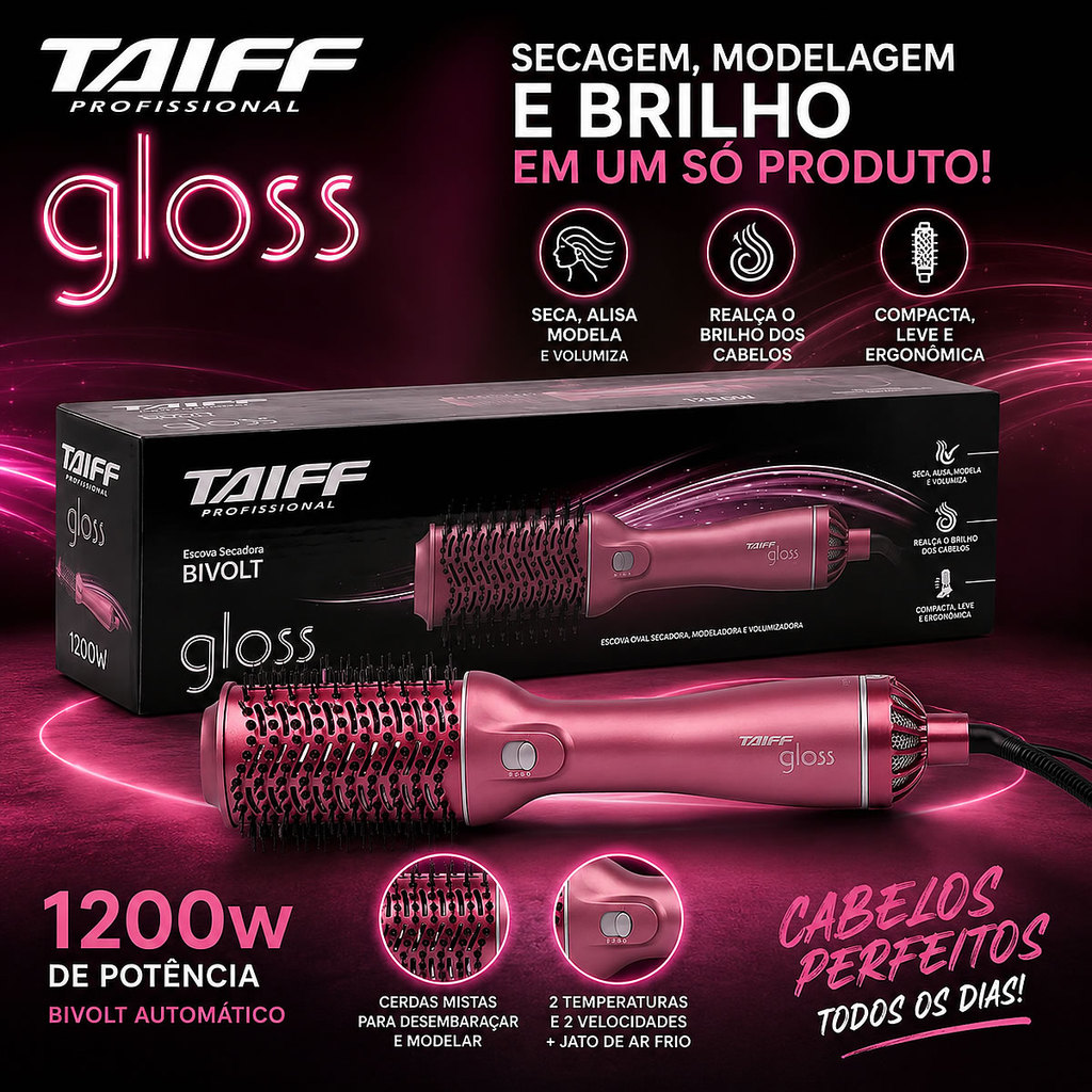 Escova Secadora Taiff Gloss Rose Bivolt (110V/220V) 1200W