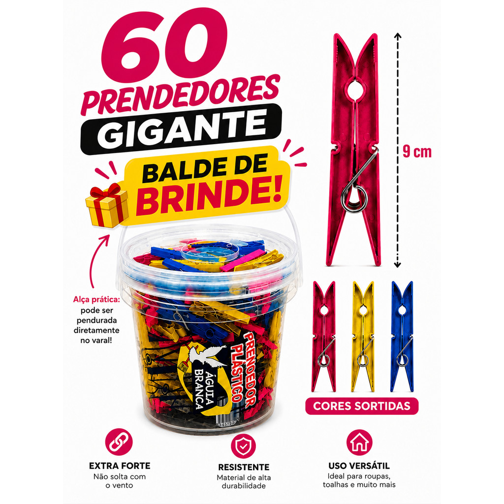 BALDE Prendedor de Roupas Plastico GIGANTE - KIT 60 / 48 / 36 - Cores Vivas - Super Reforçado - Tamanho GIGANTE