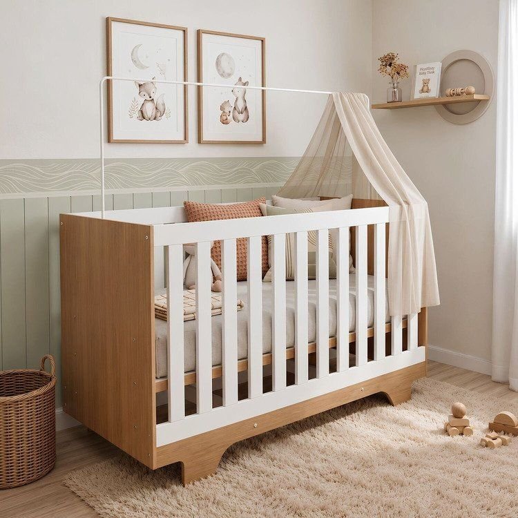 Berço Mini Cama 100% MDF com Colchão Life Branco/Madeirado Ypê