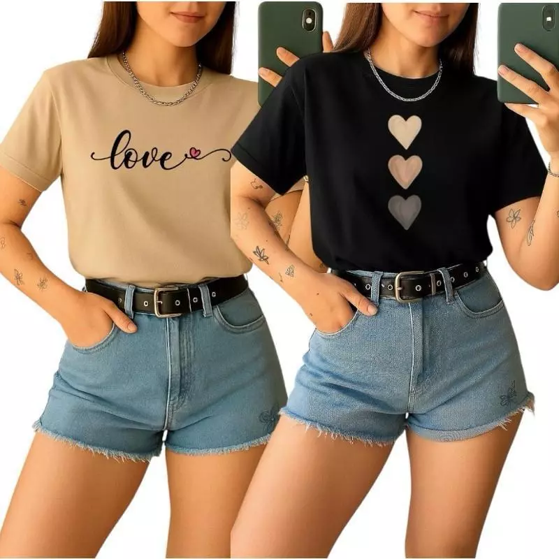 Kit 2 Camisetas Femininas Love Coração Estampada Algodão Premium Básica — imagem 1