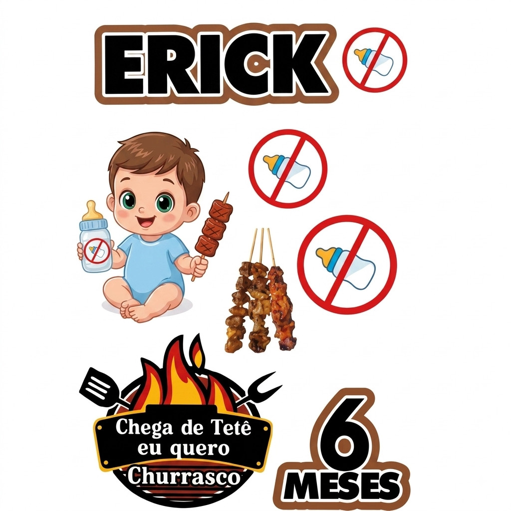 Topo Topper de Bolo Chega de Tetê Quero Churrasco Baby Cute Personalizado Nome Idade QP7