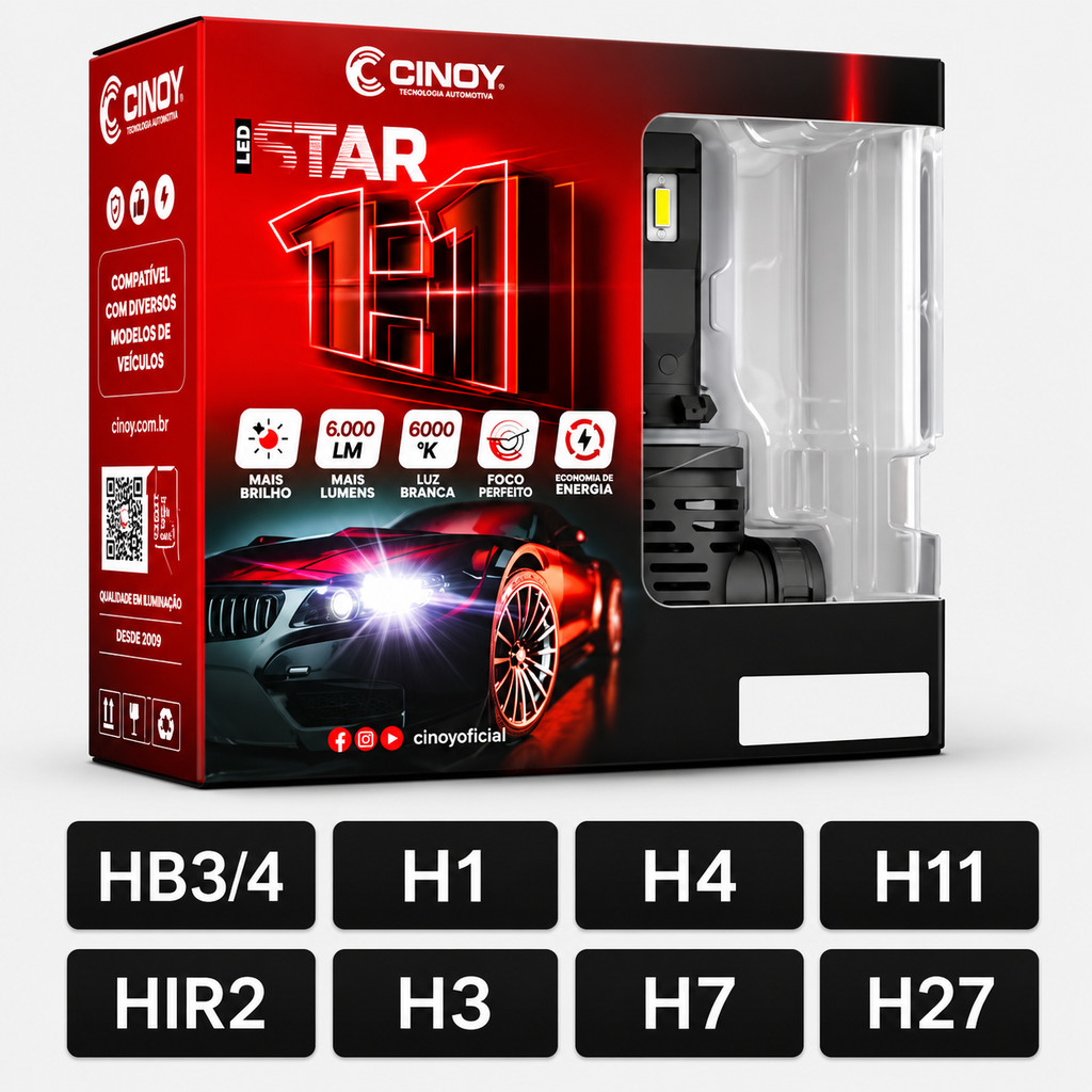 Kit Super LED Cinoy Star Farol Automotivo 6000K 12V 60W - Múltiplos Encaixes H1 H4 H7 H11 HB4