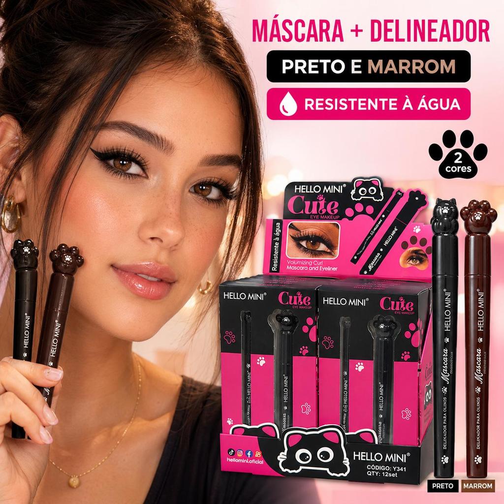 Máscara de Cílios + Delineador Hello Mini Resistente à Água Preto e Marrom