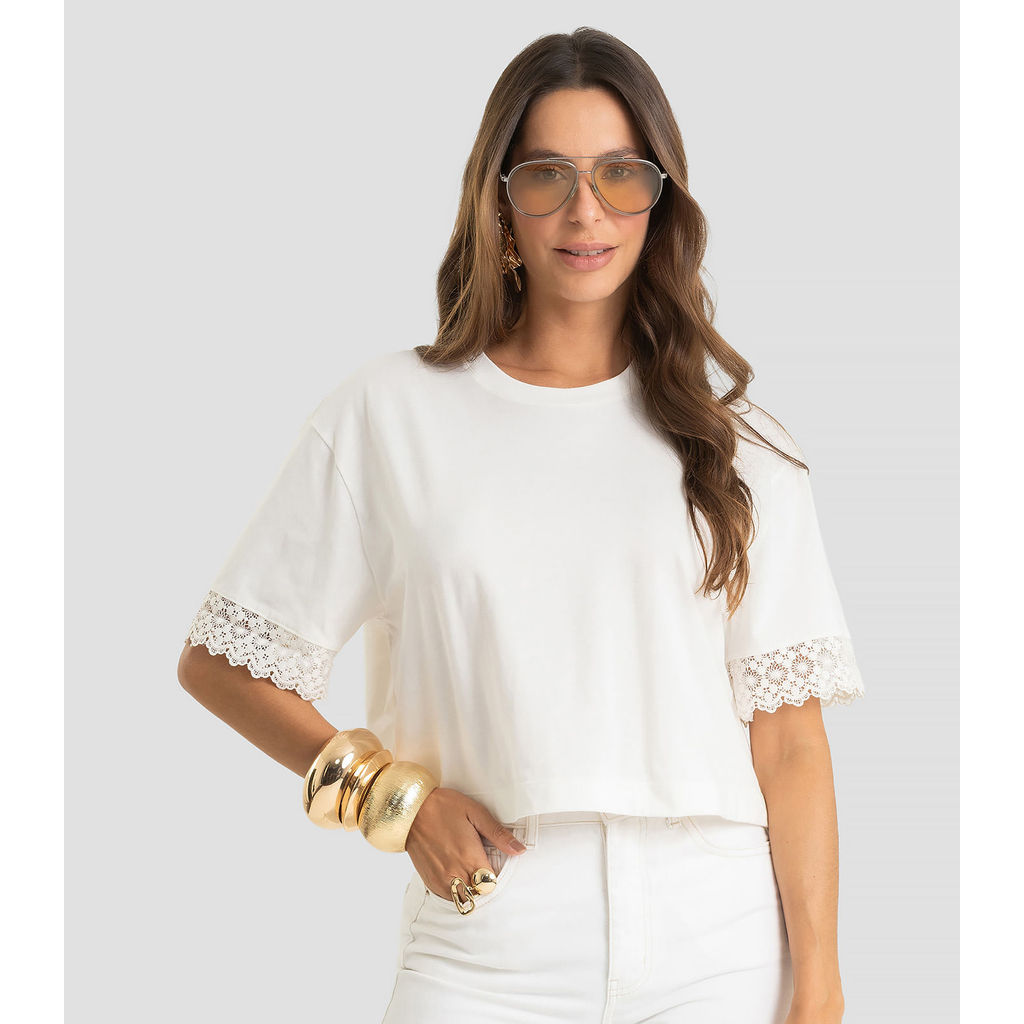 Blusa Feminina Meia Malha Renda Na Manga Dianna Bege