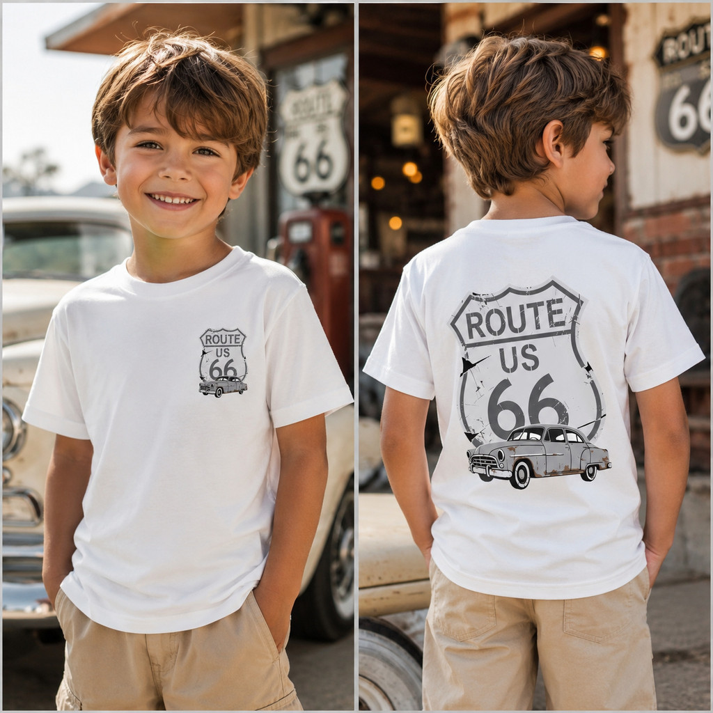 Camiseta Infantil Masculina Carro Retrô Route 66 100% Algodão Casual Confortável