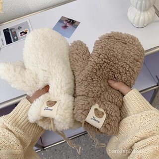 Inverno equitação forro de lã engrossado quente à prova de frio cordeiro velo urso rotulagem luvas bonitos feminino Halt