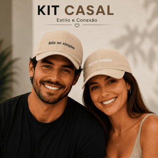 Kit Casal 2 Bonés Feliz no Simples Bordado Aba Curva Ajustável Masculino Feminino Cores Variadas