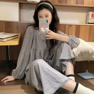 Algodão Sentir Pijamas Calças De Manga Longa casual Simples Decote Em V Pulôver Casa