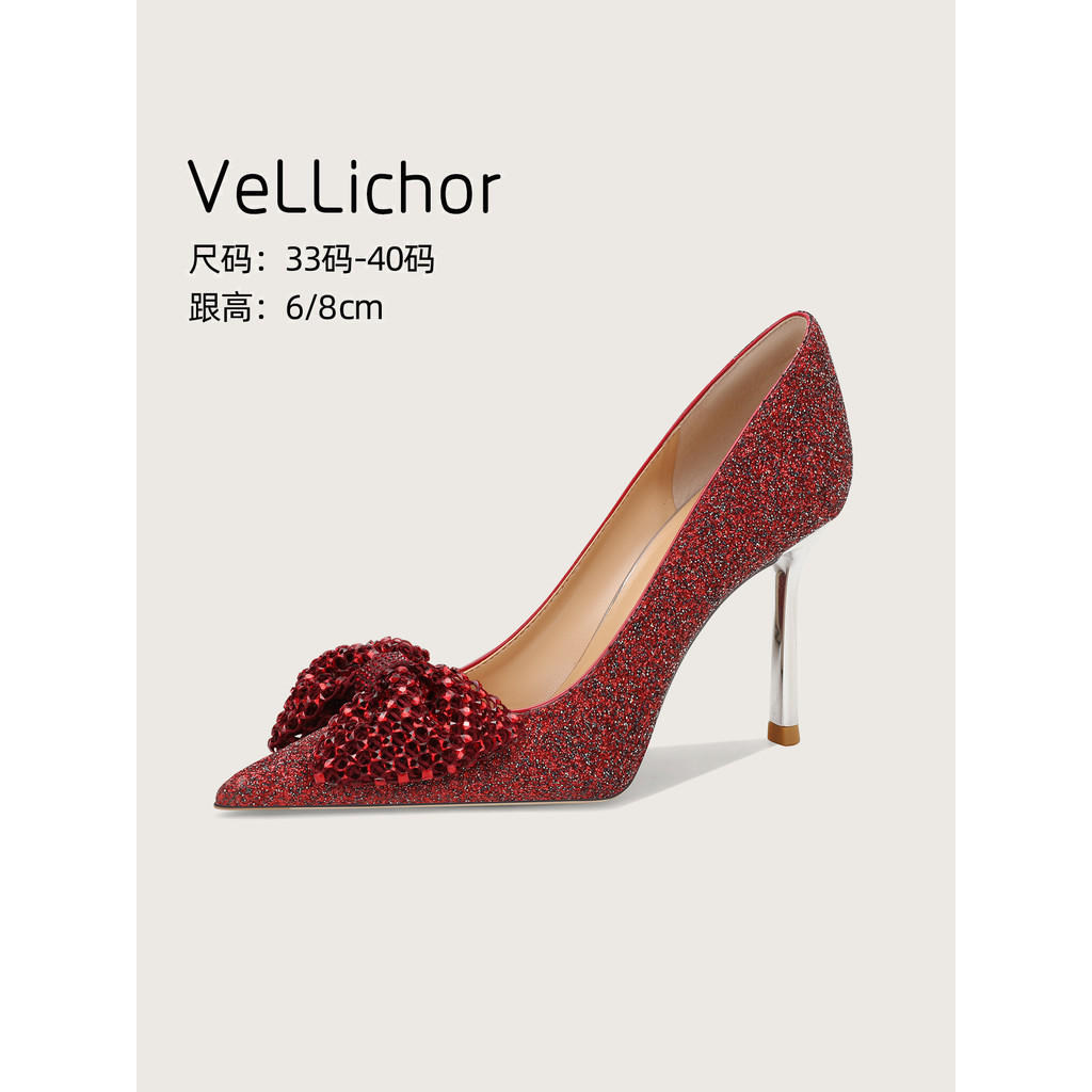 Sapatos de casamento de dedo apontado feminino 2026 novo estilo arco vermelho Soohe brinde duas peças lantejoulas salto 