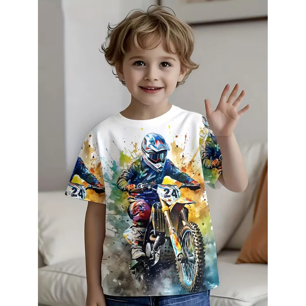 Motociclista Meninos Camiseta 3D Impresso Para Menino 2-10Y Manga Curta Bebê Criança Verão Na Moda Rua Crianças Topo