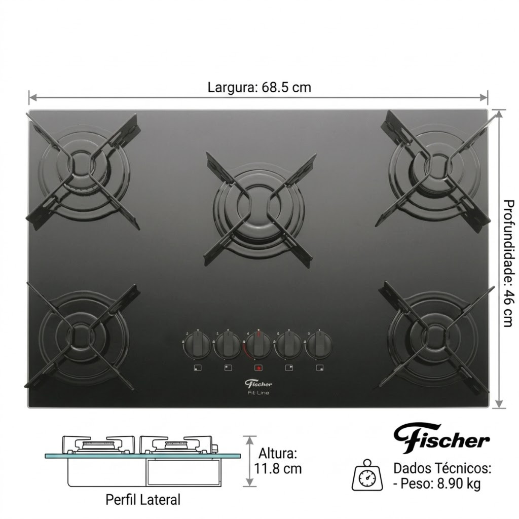 COOKTOP 5 BOCAS A GAS FISCHER VIDRO PRETO TREMPE RAPIDA IRON — imagem 2 de 2