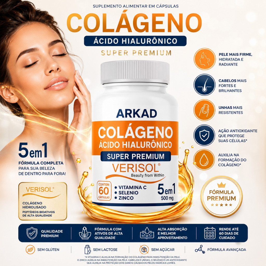 Colágeno Hidrolisado Verisol + Ácido Hialurônico 5 em 1 | Vitamina C, Zinco e Selênio | 60 Cápsulas