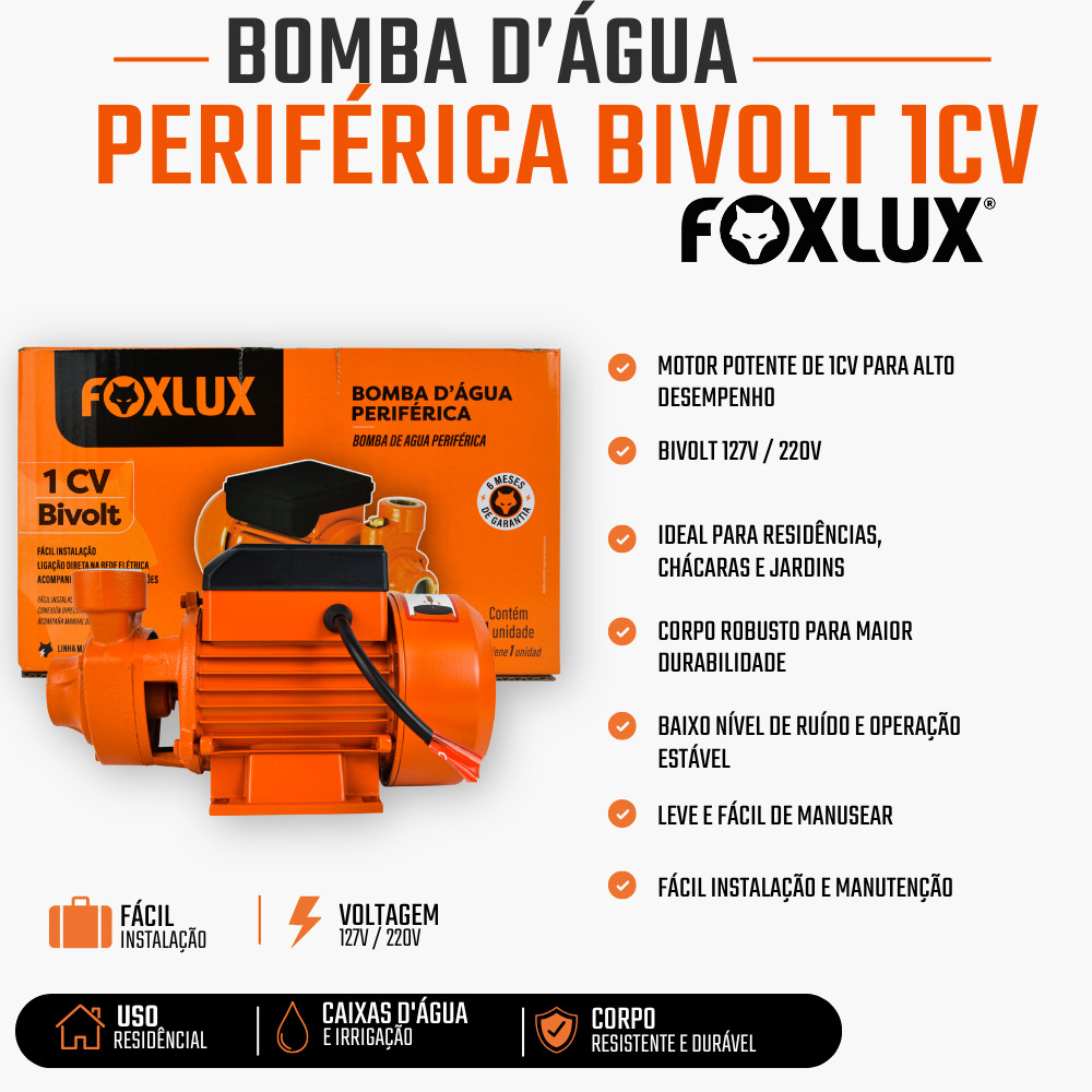 Bomba Periférica Foxlux 1CV 750W Bivolt Para Limpa Vazão 3.000 L/h e Altura 50 mca · foto 2