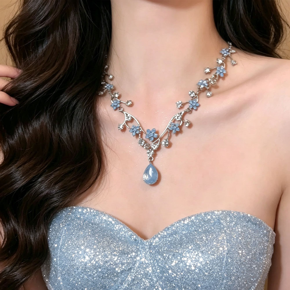 Colar De Lágrima De Flor Azul Vintage Gargantilha De Cristal Banhado A Prata Para Casamento E Festa
