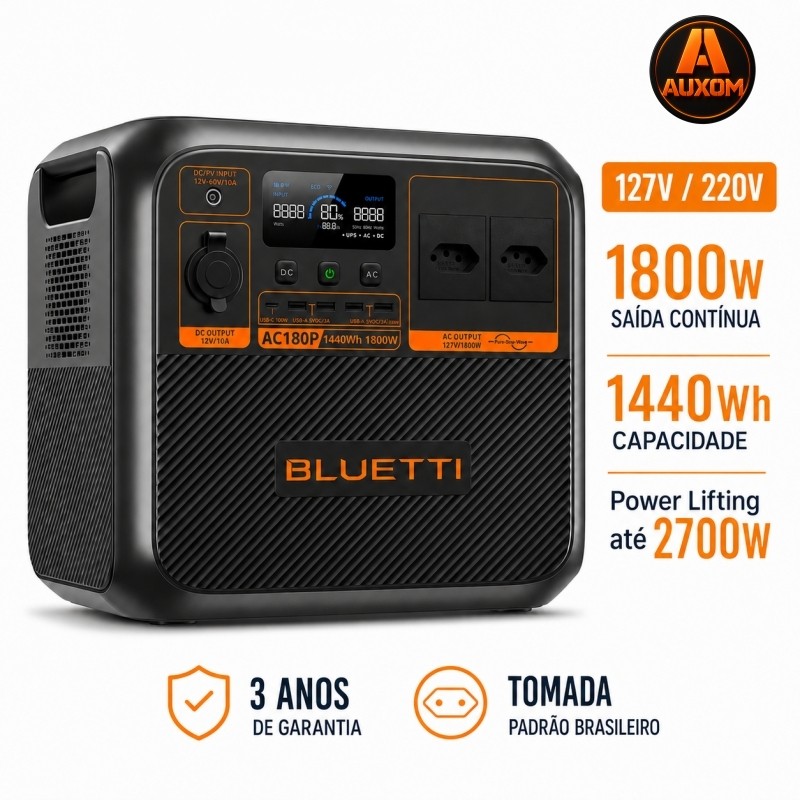 Estação de Energia Portátil BLUETTI AC180P 1800W 1440Wh LiFePO4 127V/220V UPS para Camping