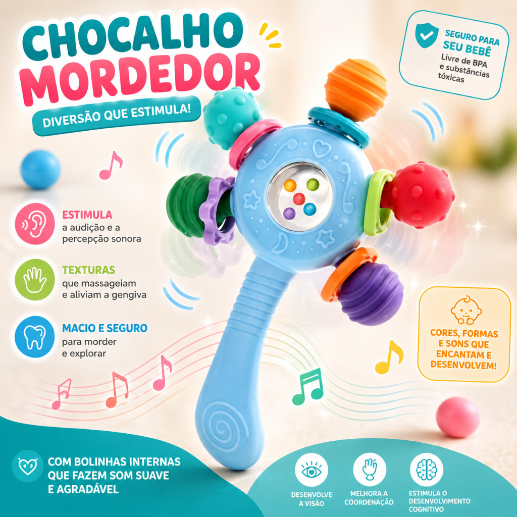 Chocalho e Mordedor Bebê, Brinquedo Sensorial Colorido para Agarrar, Carrinho e Berço