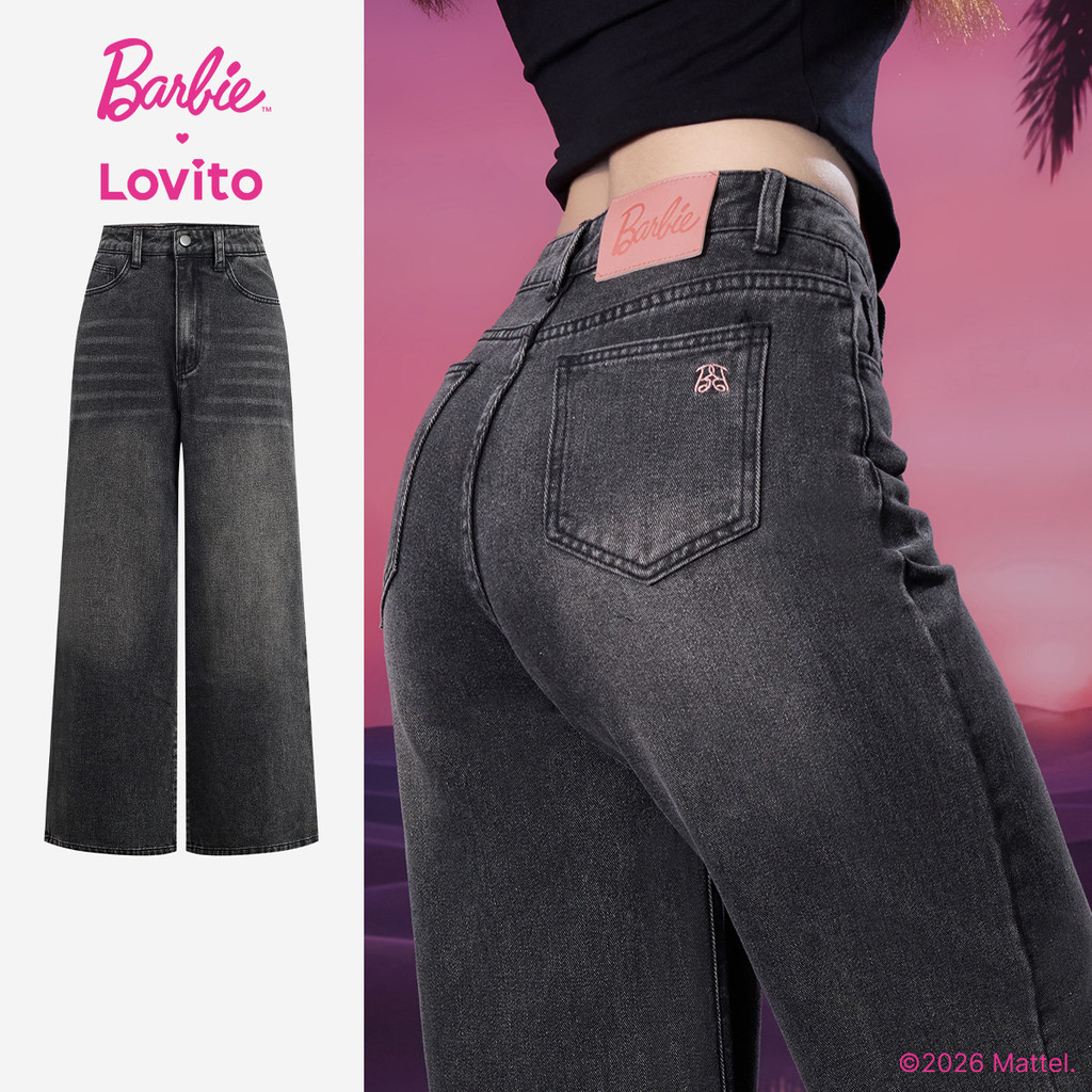 Barbie™ X Lovito Calça Jeans Preta Feminina Cintura Média Pernas Retas Bordado Botões e Bolso LBL5AD054