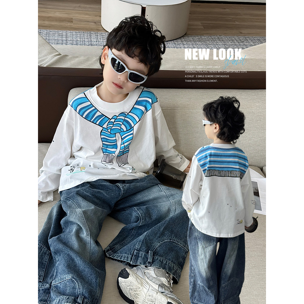 Meninos camiseta branca 2026 novo estilo crianças primavera outono versão coreana impresso de manga comprida meninos est