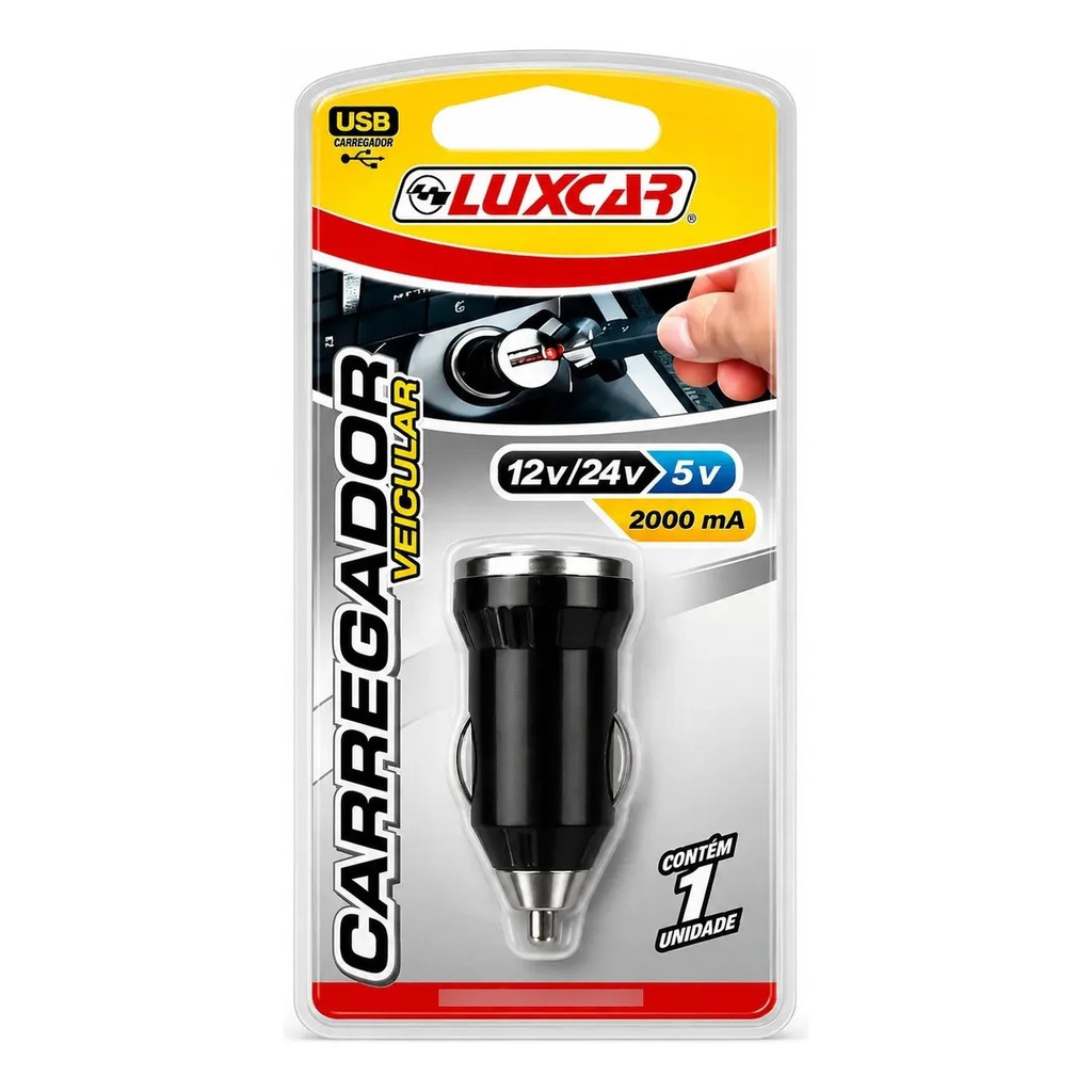 Carregador Veicular USB Luxcar 12V 24V 5V 2000mA Para Carro Celular Smartphone Adaptador Automotivo