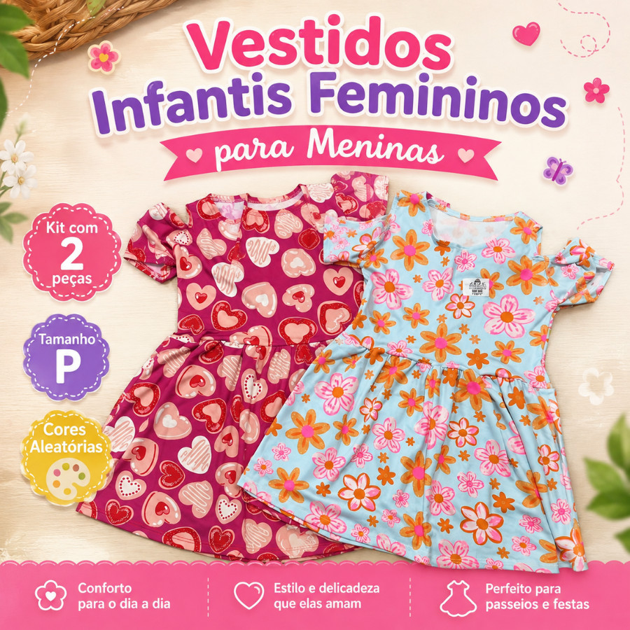 Kit 2 Vestidos Infantil  Menina Manga Feminino para – Roupa Infantil Confortável e Charmosa Tamanho P