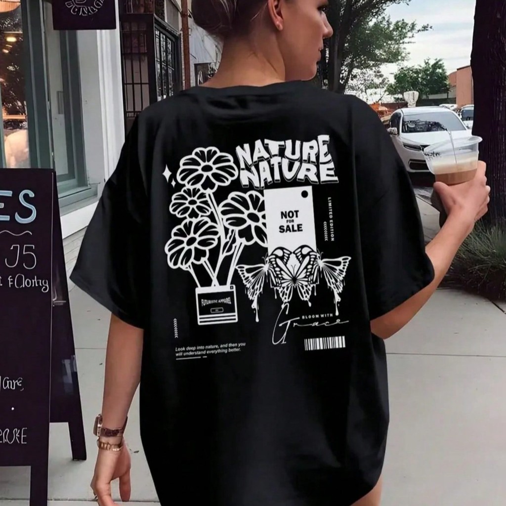 Camiseta Feminina Estilosa Casual 100% Algodão Manga Curta Gola Redonda Tecido Leve Confortável Estampada Modelo: Nature