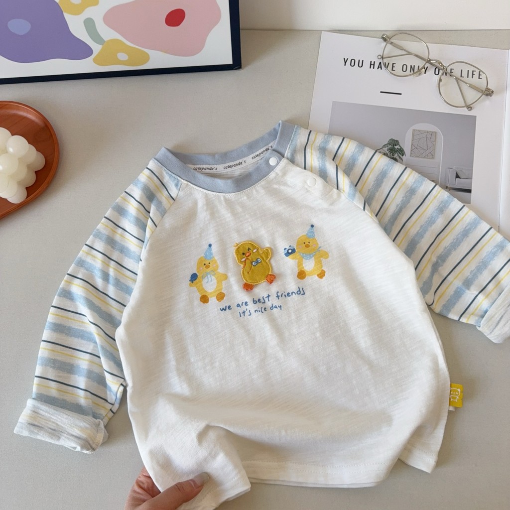 Primavera novo estilo infantil fino de manga comprida camiseta ~ bonito All-Match estilo ocidental topo bebê Slub algodã